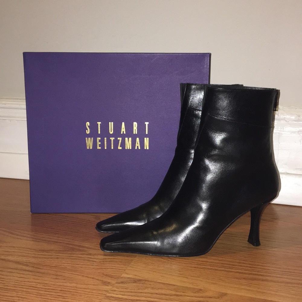 Stuart Weitzman Black Leather Heeled Booties